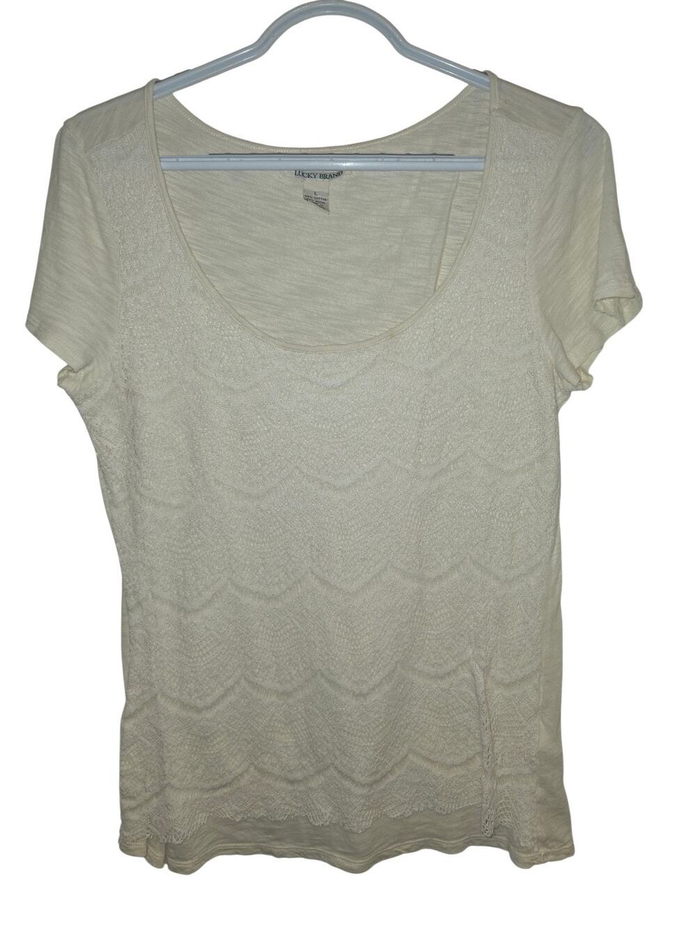 Boho Lucky Brand Shirt Top Scalloped Short Sleeve Womens L Ivory Lace Scoop Neck